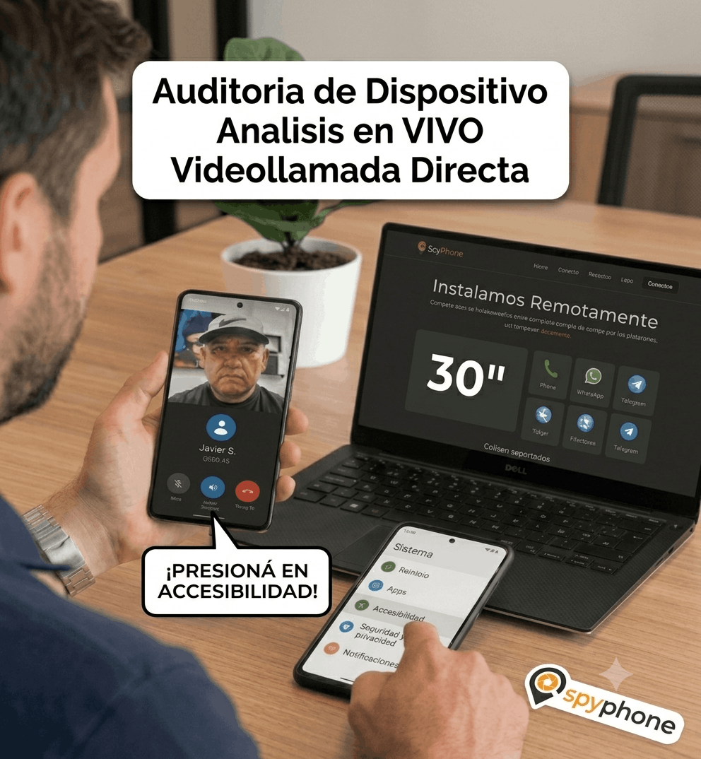 Auditoría de seguridad por videollamada: el titular del dispositivo enfoca la pantalla de su teléfono mientras se ejecuta el procedimiento de revisión.